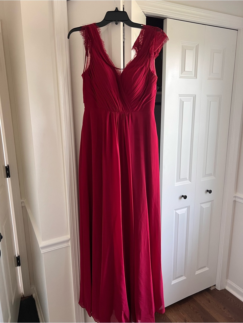 Azazie Wine Red Lace Shoulder V-Neck Maxi Dress
